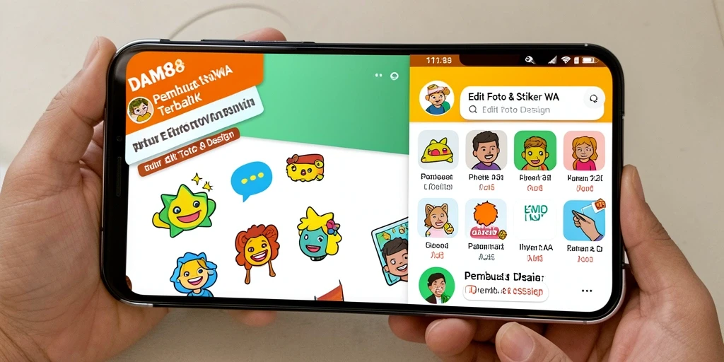 Screenshot utama menunjukkan antarmuka pembuat stiker DAM88 dengan berbagai fitur edit.