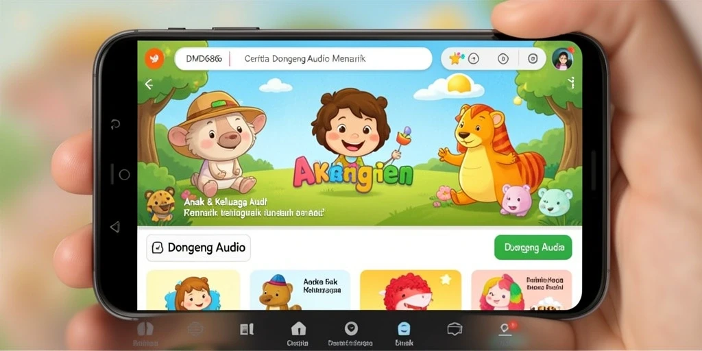 Tampilan antarmuka DMD686 yang user-friendly dengan koleksi dongeng audio.