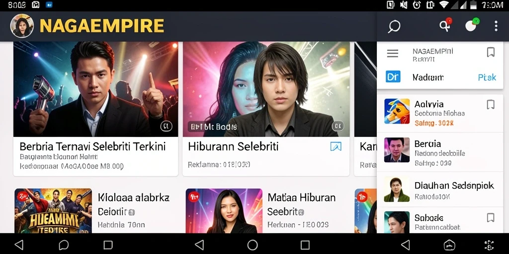 Antarmuka aplikasi NAGAEMPIRE menampilkan berita selebriti terbaru.